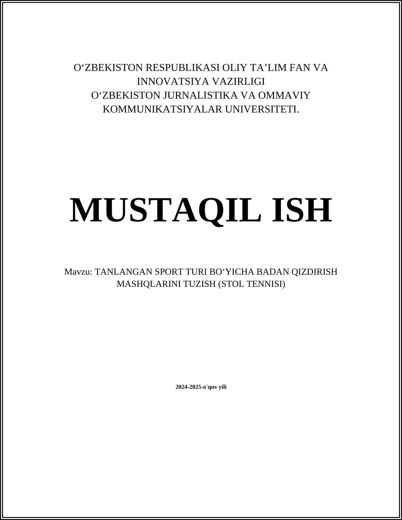 TANLANGAN SPORT TURI BO‘YICHA BADAN QIZDIRISH MASHQLARINI TUZISH (STOL TENNISI)
