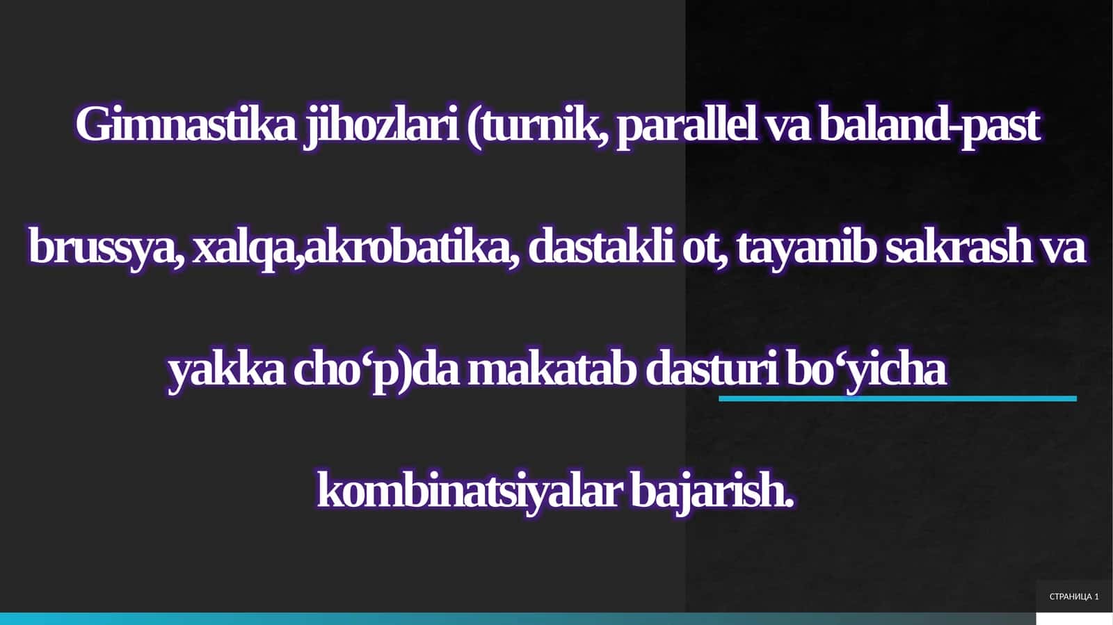 Gimnastika jihozlari (turnik, parallel va baland-past brussya, xalqa,akrobatika