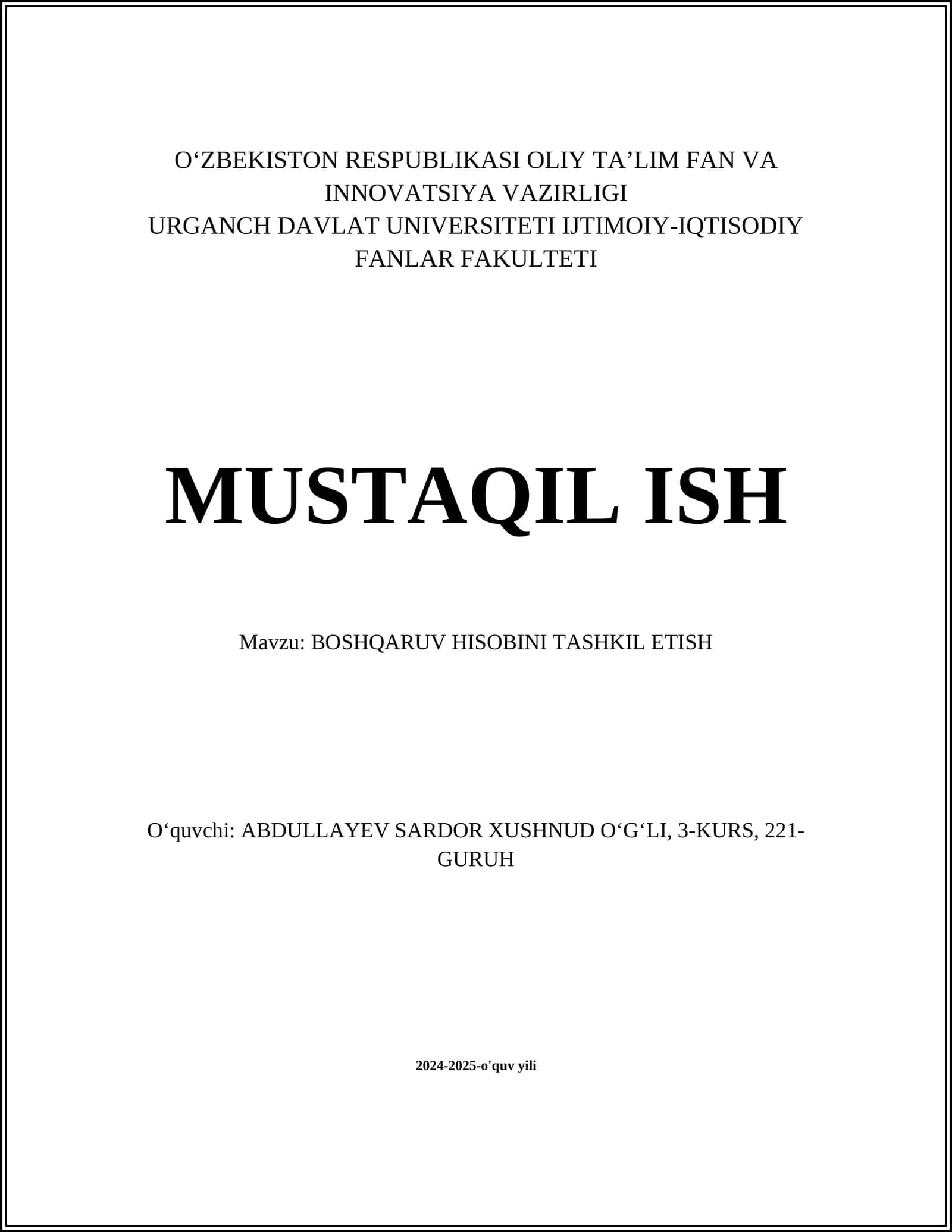 BOSHQARUV HISOBINI TASHKIL ETISH