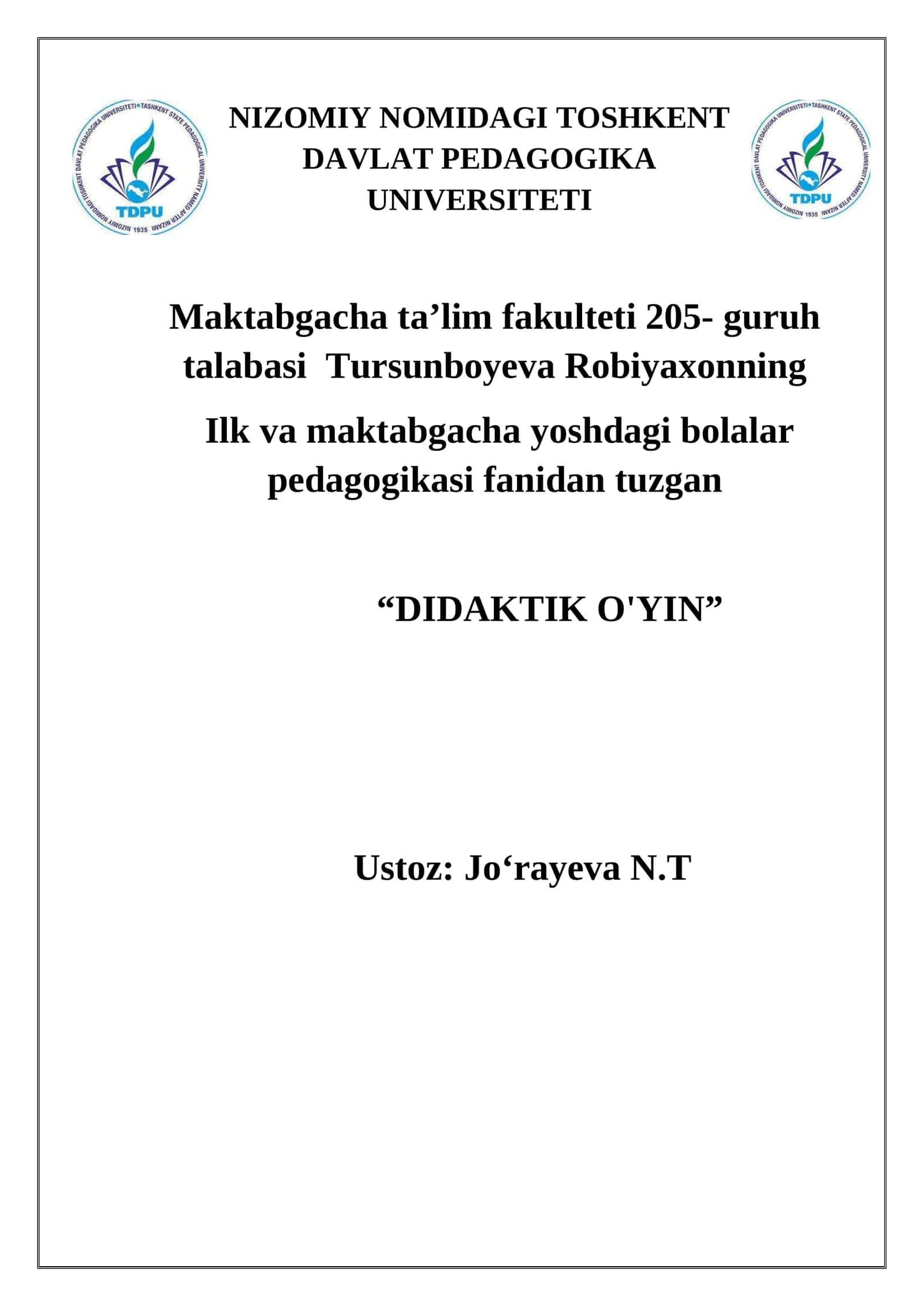 DIDAKTIK O'YIN - "KIMNING UYI YAXSHIROQ?"