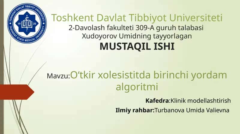 O'tkir xolesistitda birinchi yordam algoritmi