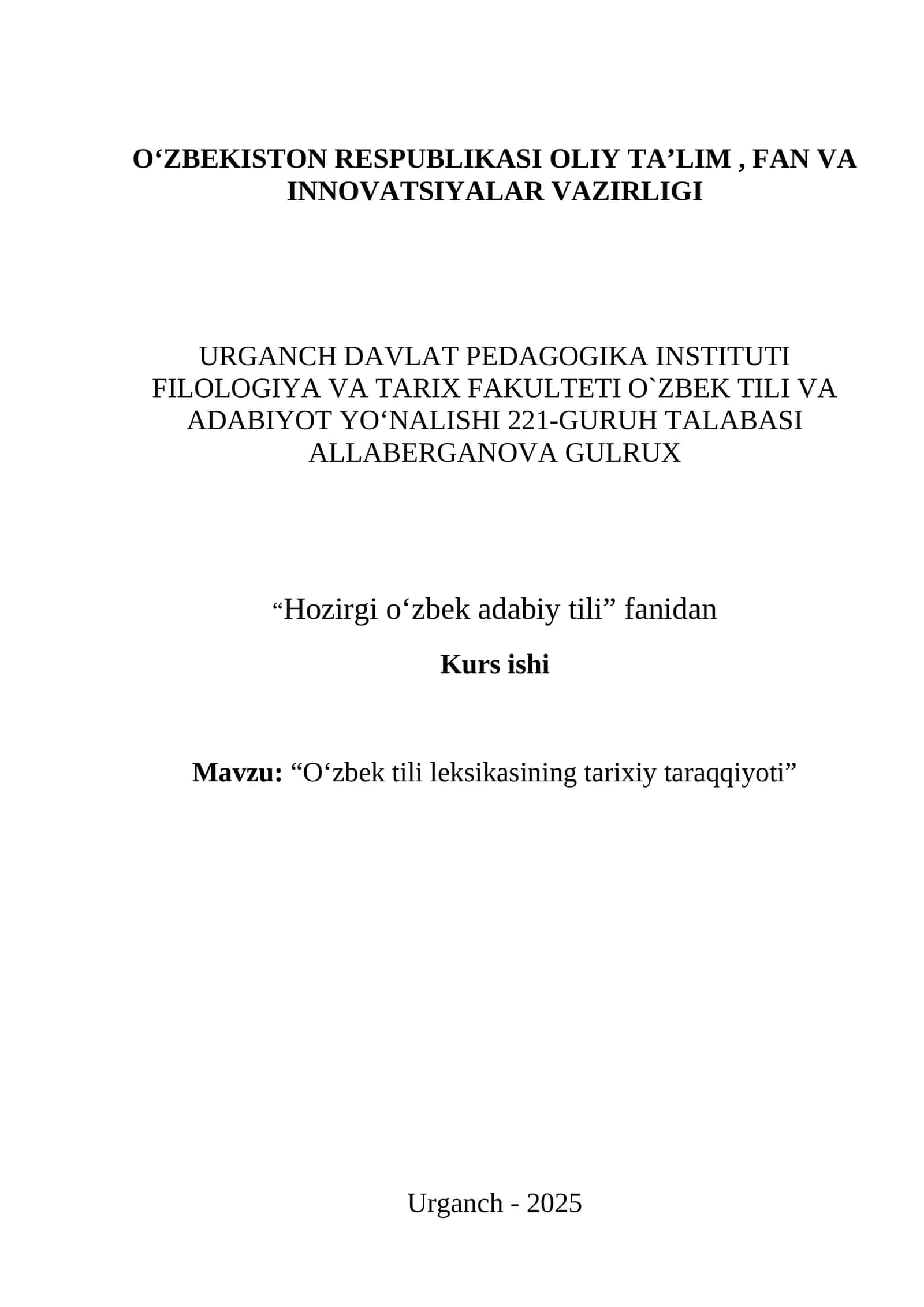 Kurs ishi: "O‘zbek tili leksikasining tarixiy taraqqiyoti"