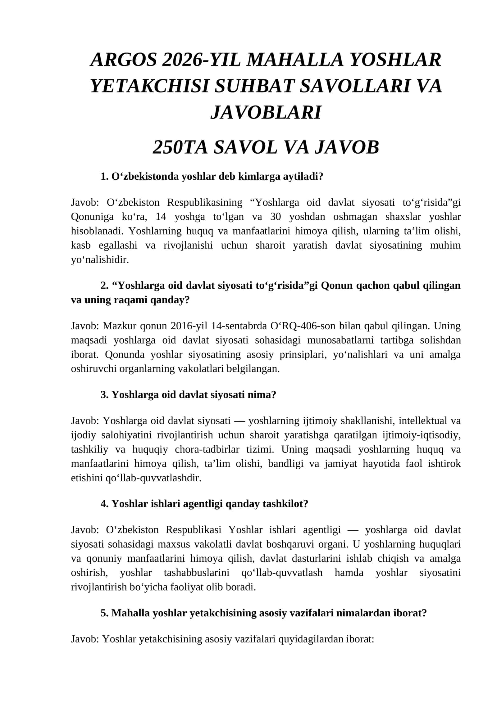 ARGOS 2026-YIL MAHALLA YOSHLAR YETAKCHISI SUHBAT SAVOLLARI VA JAVOBLARI