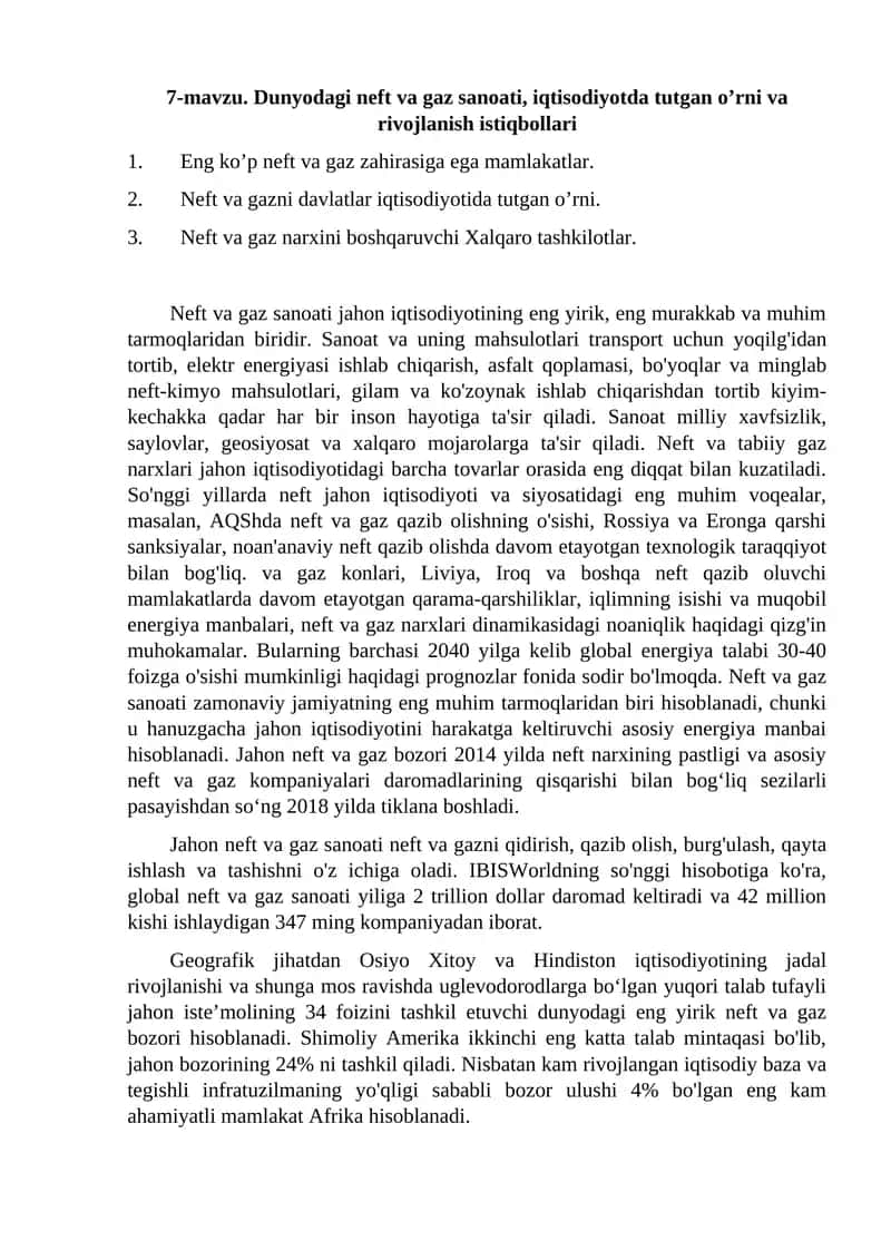 Dunyodagi neft va gaz sanoati, iqtisodiyotda tutgan o’rni va rivojlanish istiqbollari