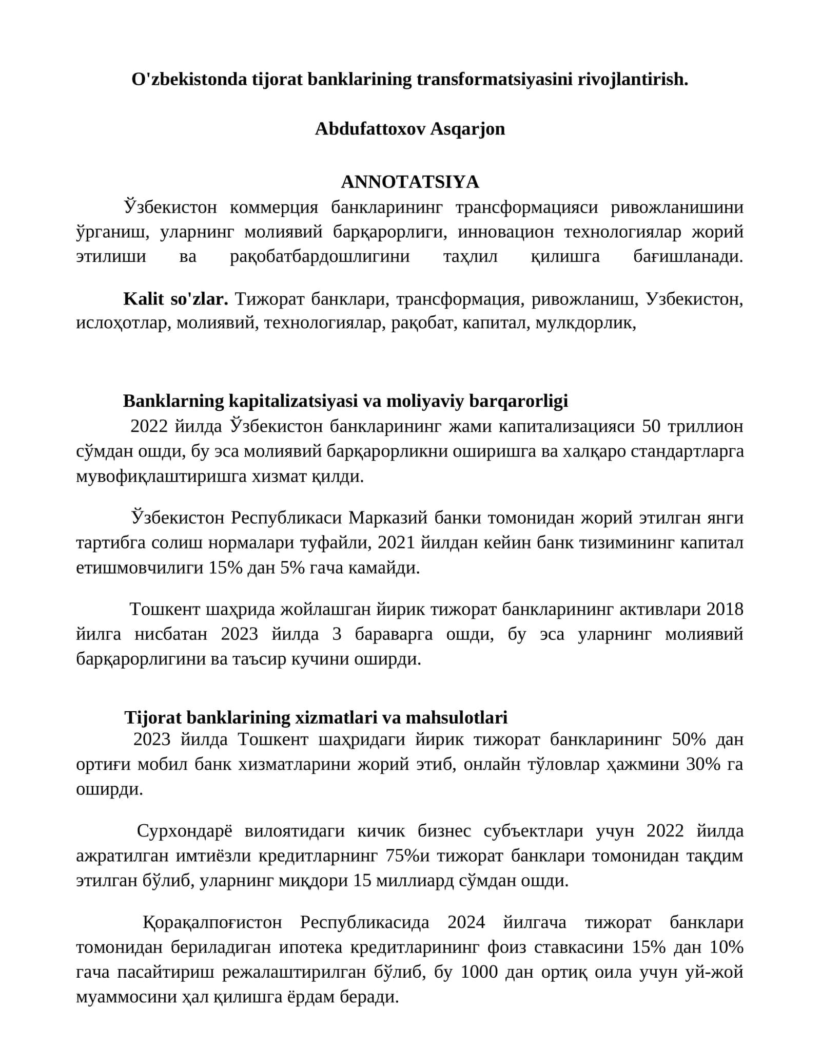 O'zbekistonda tijorat banklarining transformatsiyasini rivojlantirish