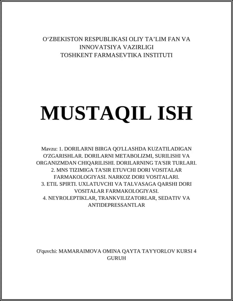 Dorilarni Birga Qo'llashda Kuzatiladigan Farmakokinetik O'zaro Ta'sirlar