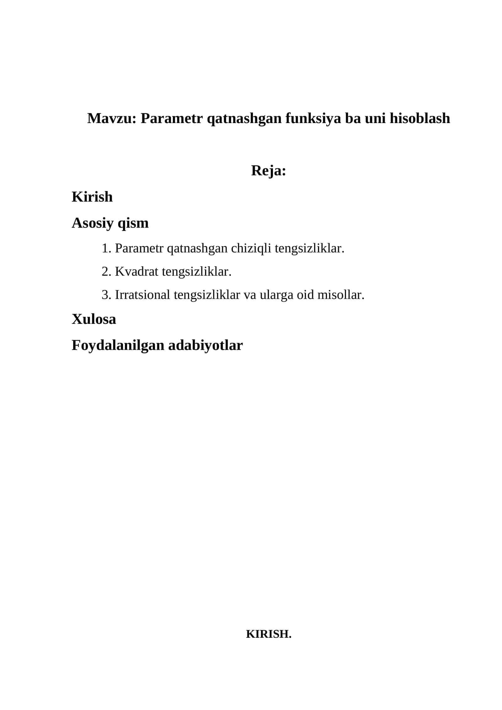 Parametr qatnashgan funksiya ba uni hisoblash