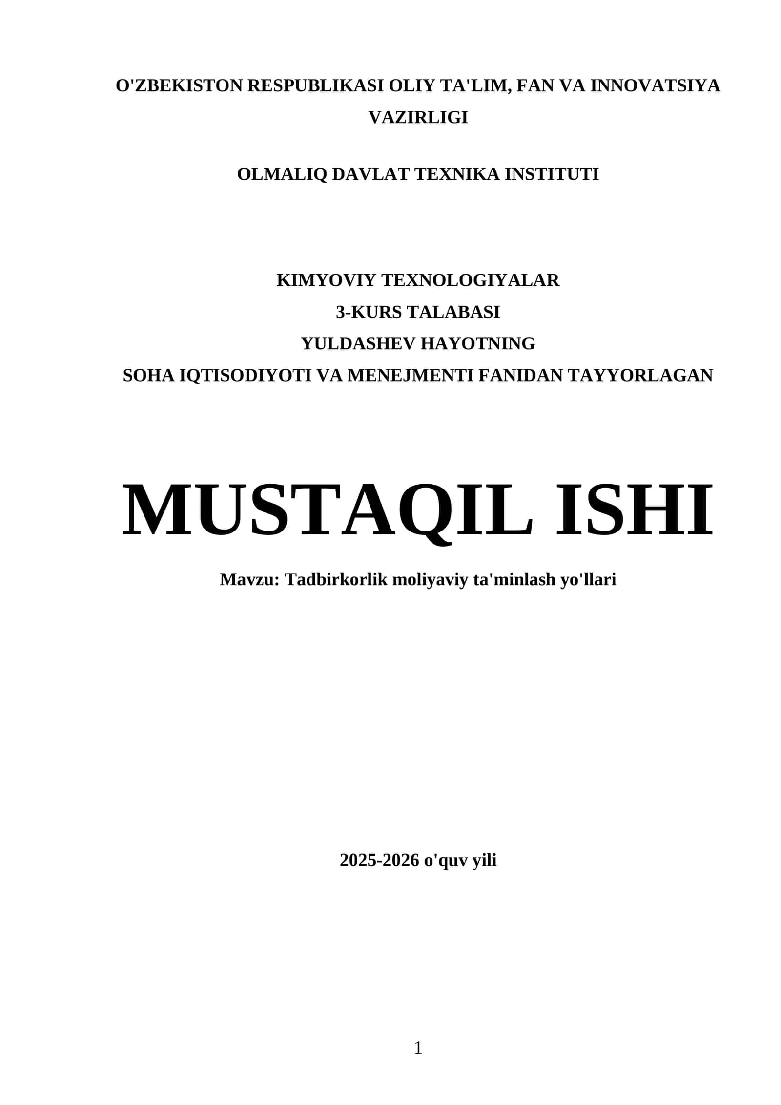 Tadbirkorlik moliyaviy ta'minlash yo'llari