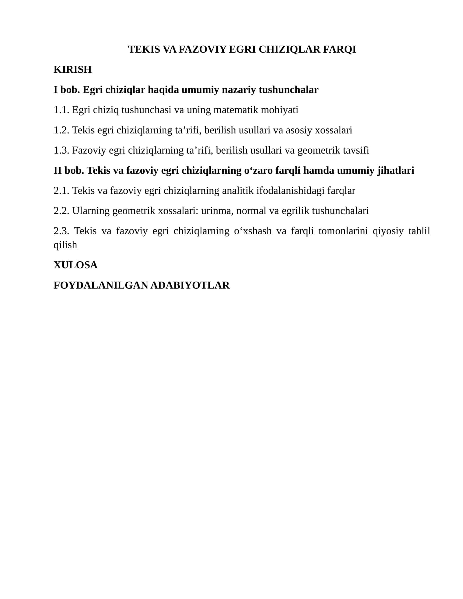 Tekis va Fazoviy Egri Chiziqlar Farqi
