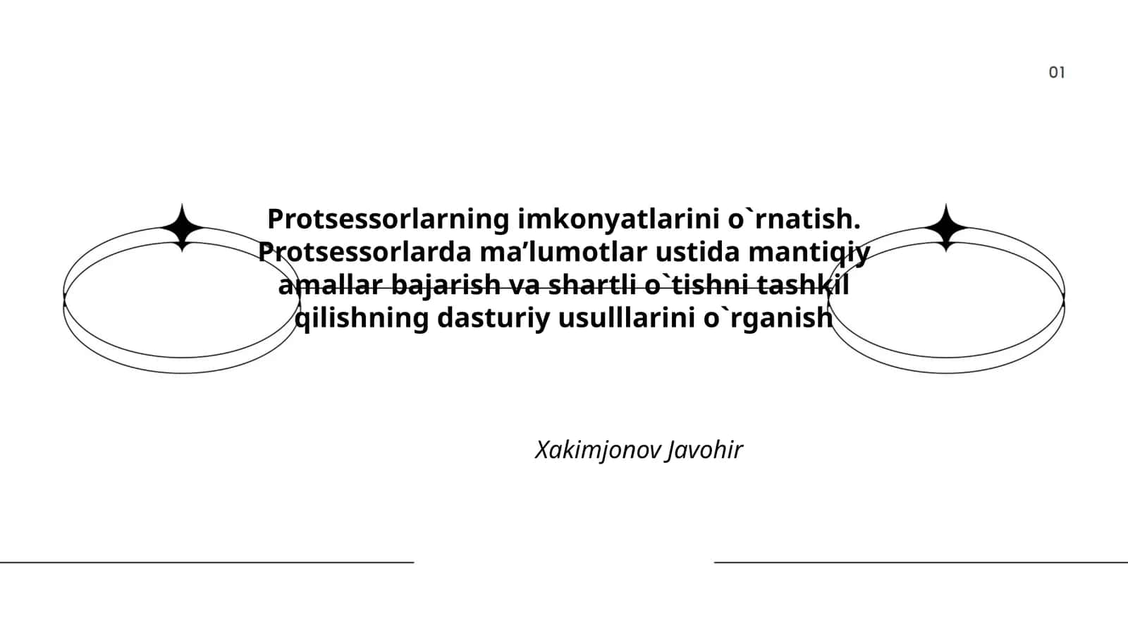 Protsessorlarning imkonyatlarini o`rnatish. Protsessorlarda ma’lumotlar ustida mantiqiy amallar bajarish va shartli o`tishni tashkil qilishning dasturiy usulllarini o`rganish