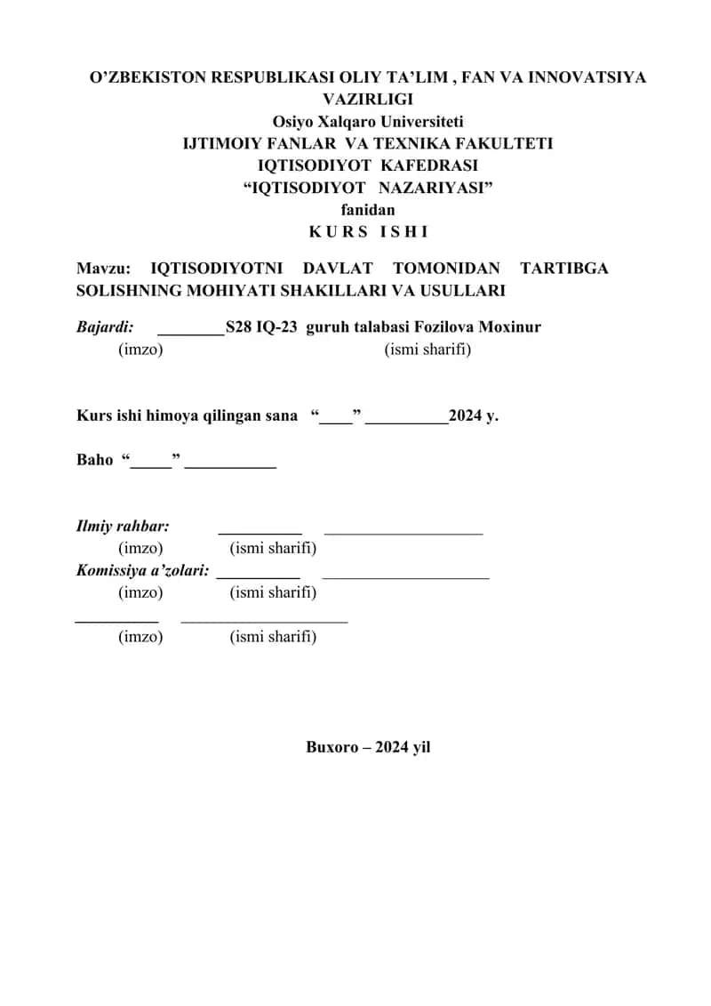 IQTISODIYOTNI DAVLAT TOMONIDAN TARTIBGA SOLISHNING MOHIYATI SHAKILLARI VA USULLARI