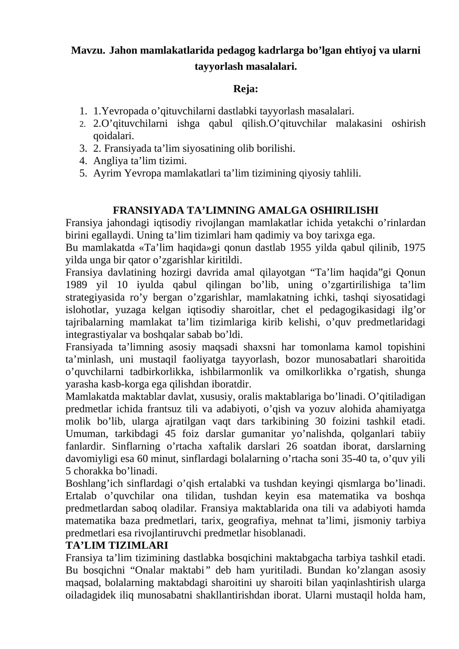 Fransiyada ta’limning amalga oshirilishi