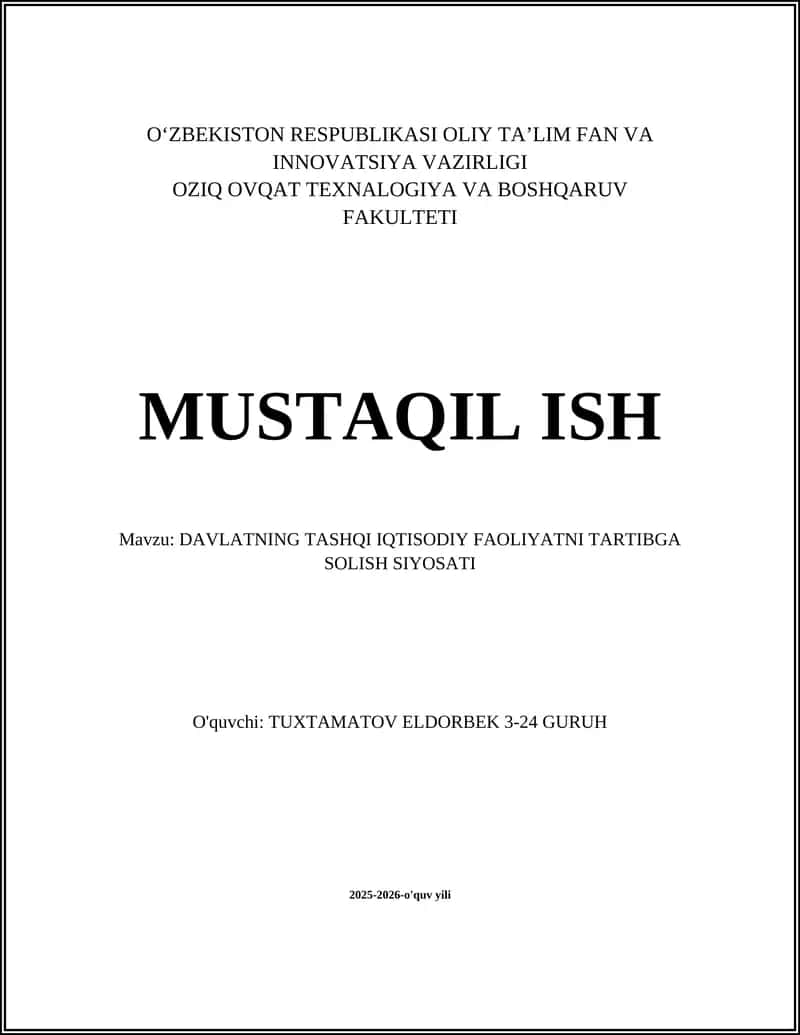 DAVLATNING TASHQI IQTISODIY FAOLIYATNI TARTIBGA SOLISH SIYOSATI