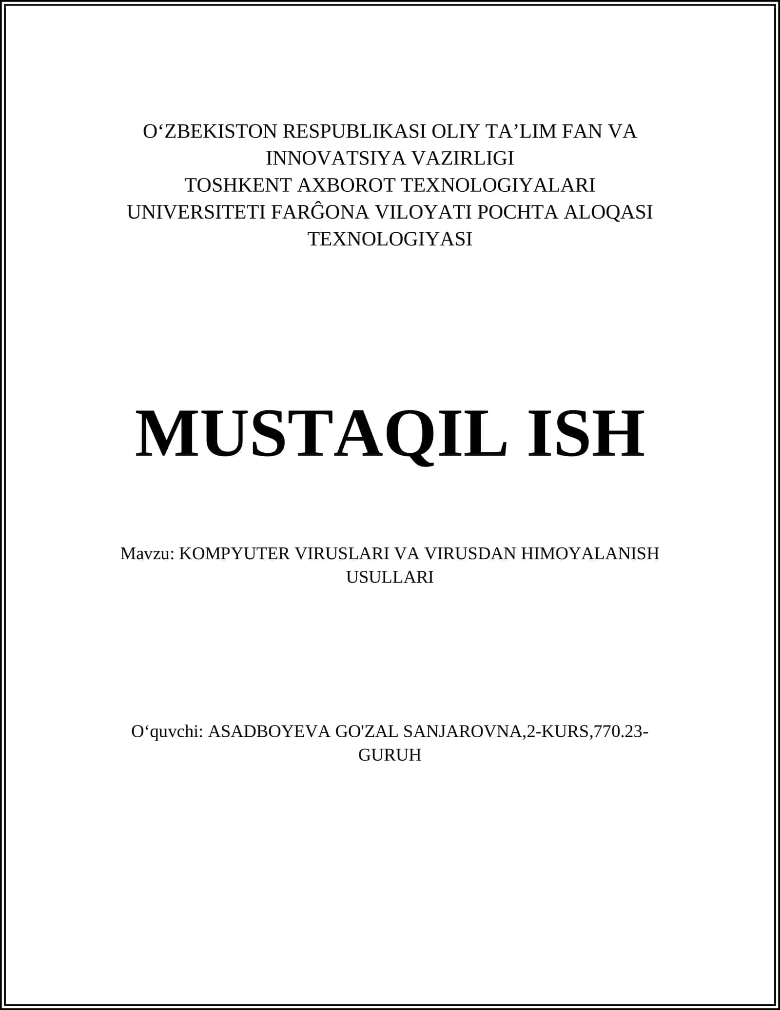Kompyuter viruslari va virusdan himoyalash usullari