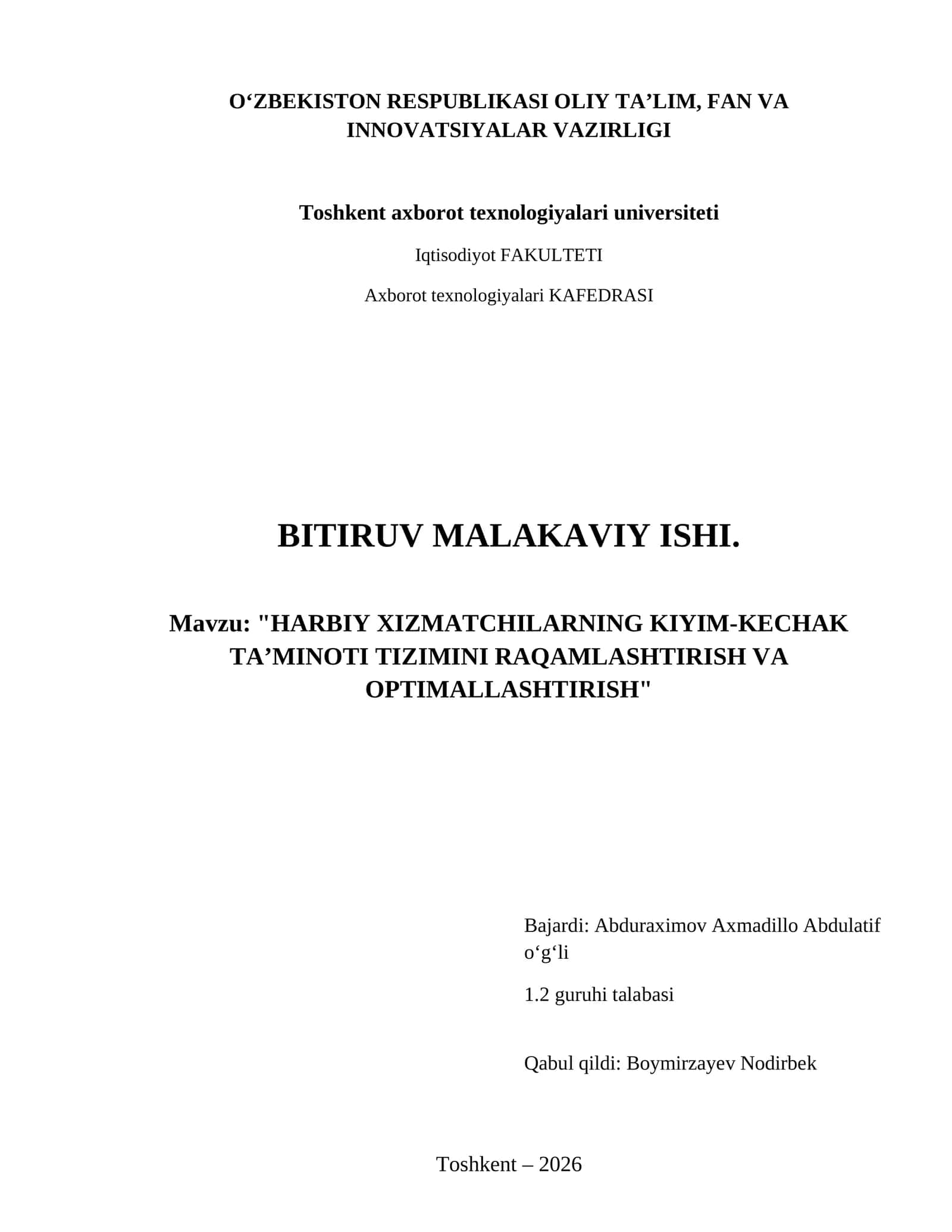 Harbiy xizmatchilarning kiyim-kechak taʼminoti tizimini raqamlashtirish va optimallashtirish