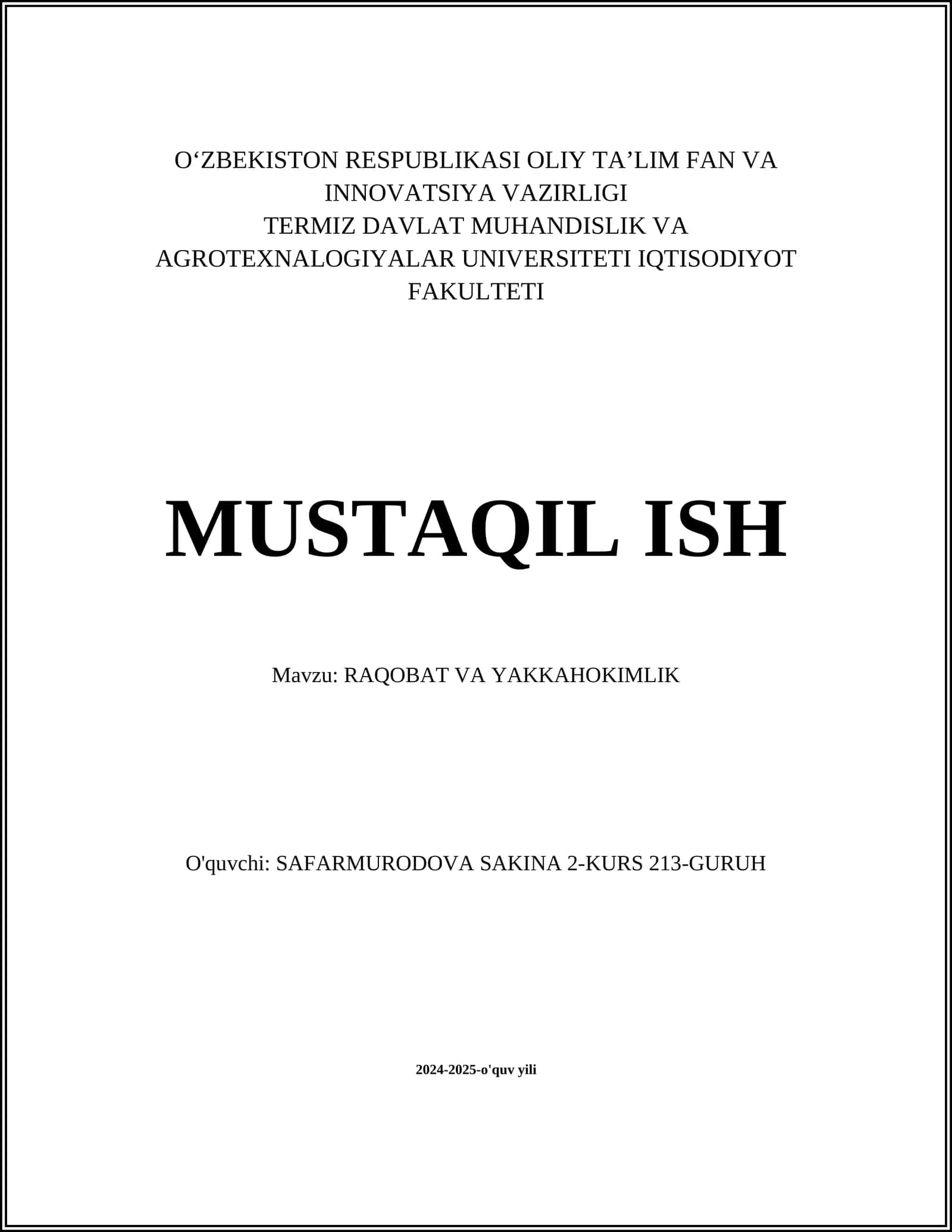 RAQOBAT VA YAKKAHOKIMLIK