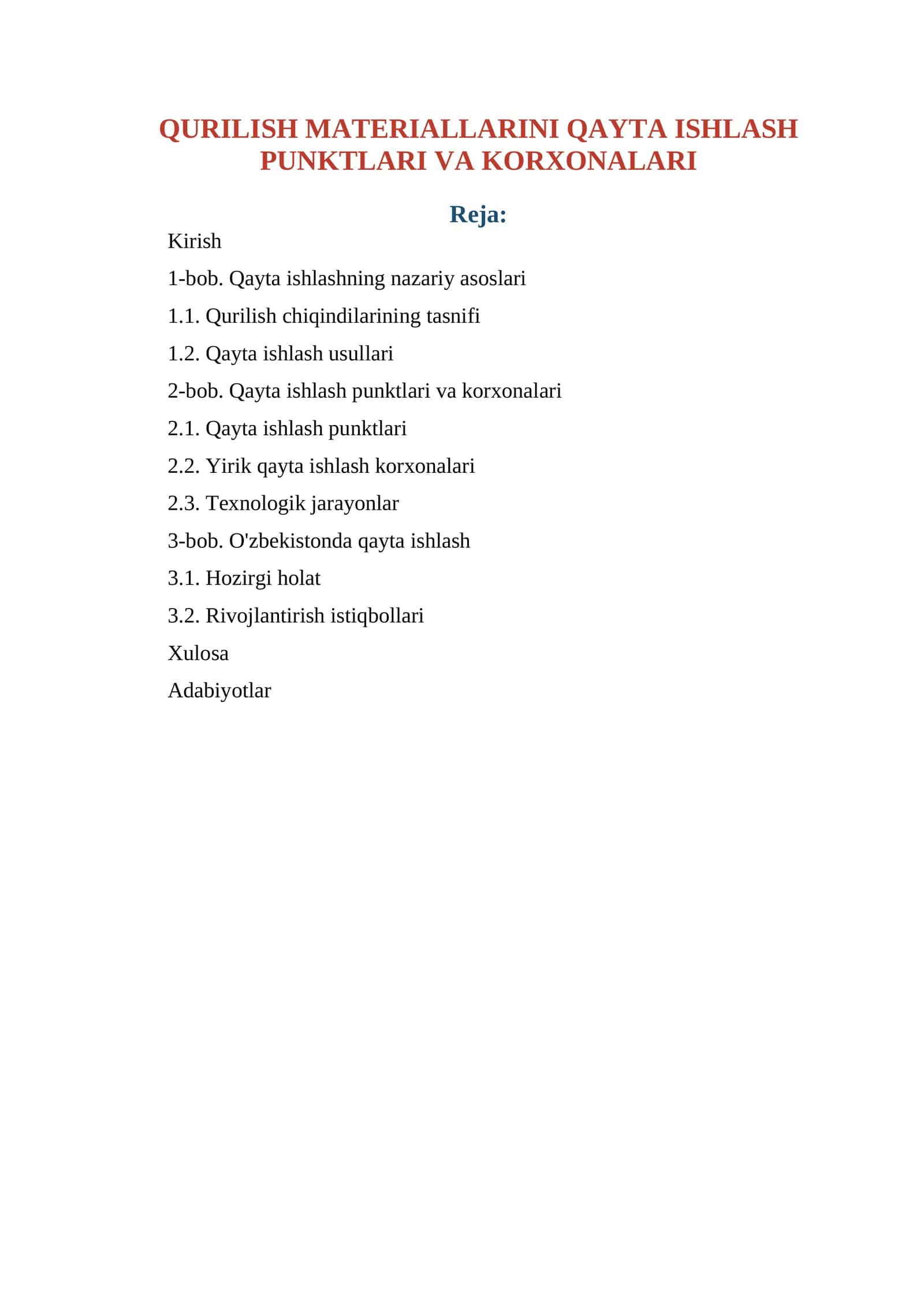 QURILISH MATERIALLARINI QAYTA ISHLASH PUNKTLARI VA KORXONALARI