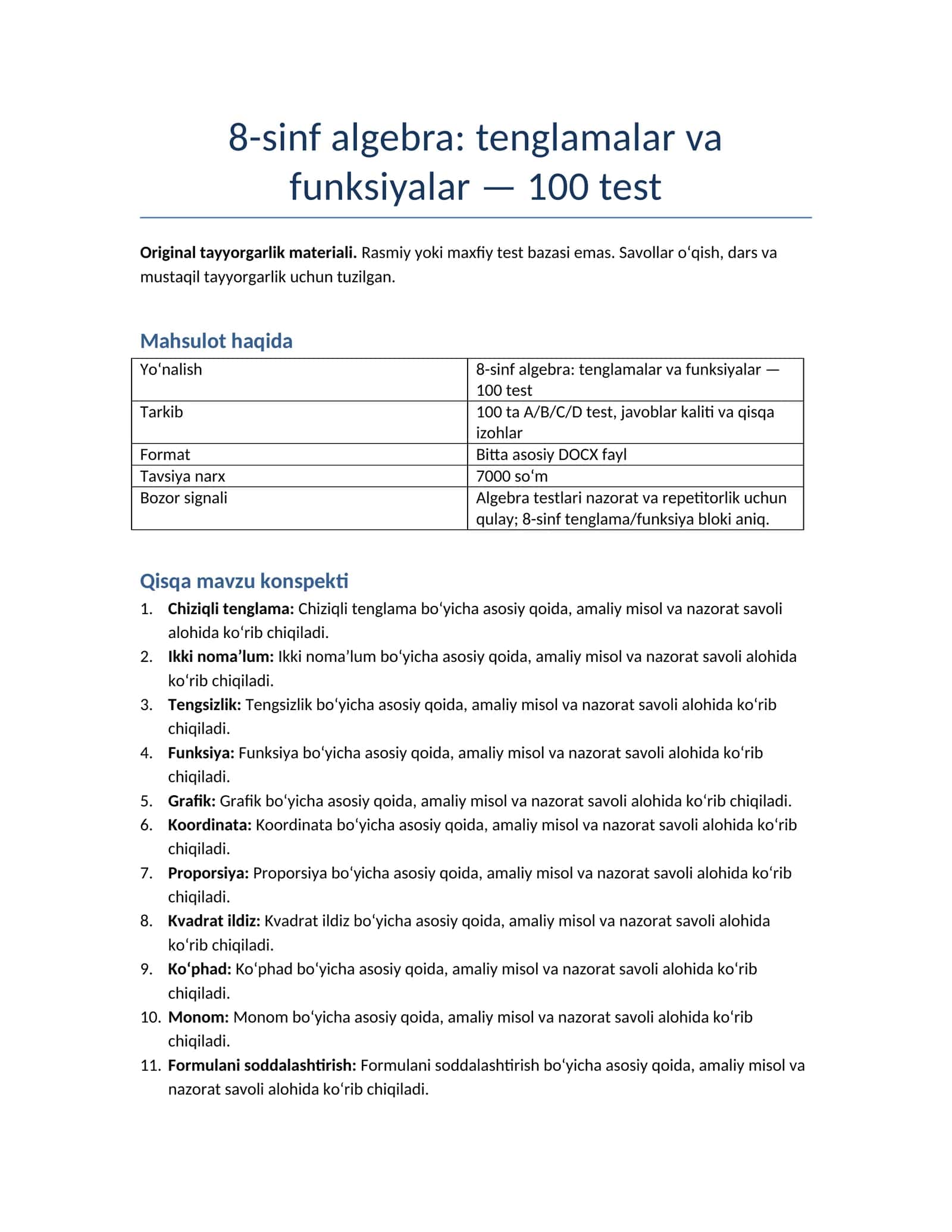 8-sinf algebra: tenglamalar va funksiyalar — 100 test