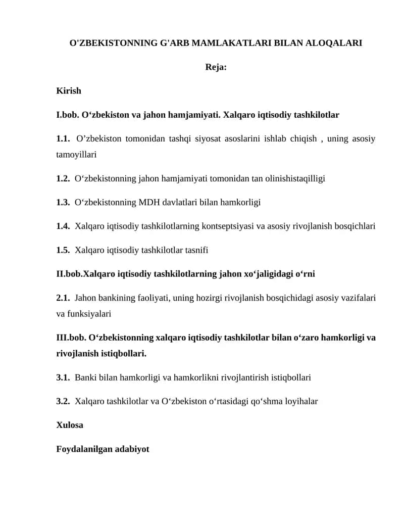 O'ZBEKISTONNING G'ARB MAMLAKATLARI BILAN ALOQALARI