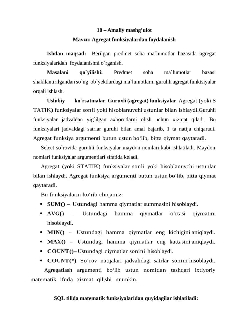 Agregat funksiyalardan foydalanish