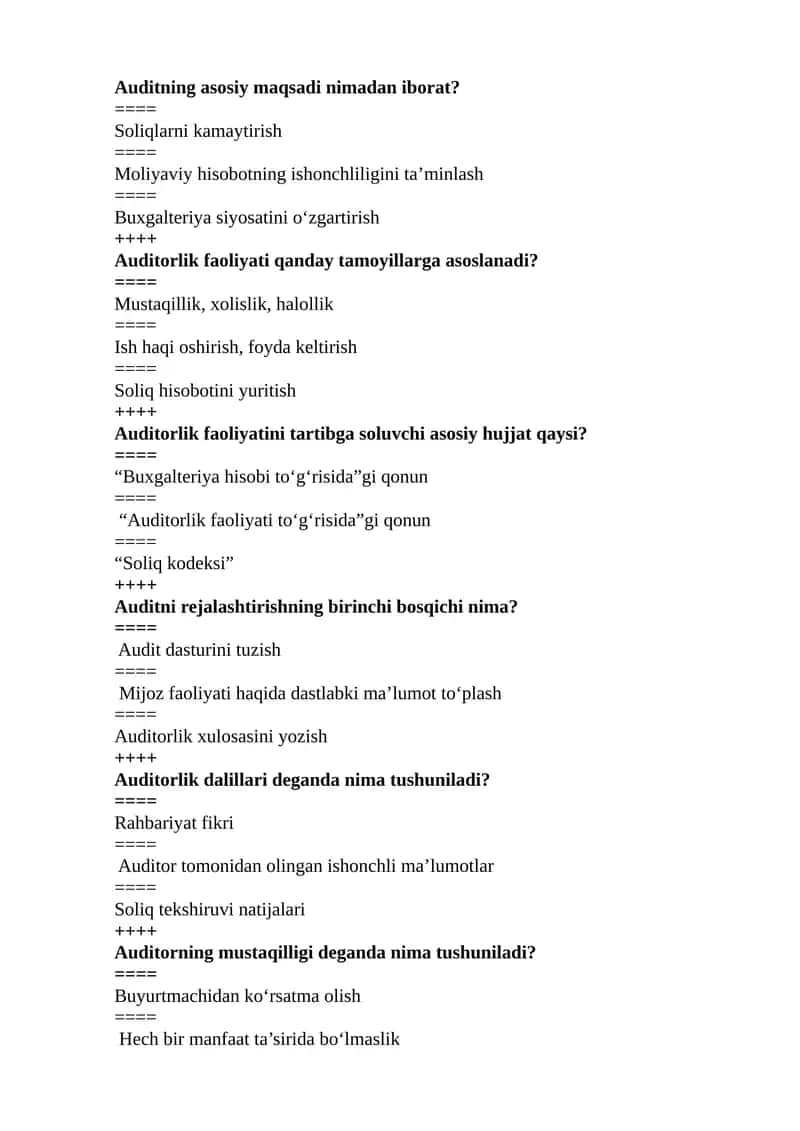 Audit bo'yicha test savollari