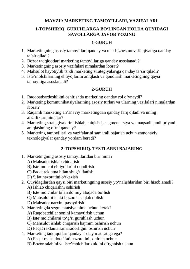 MARKETING TAMOYILLARI, VAZIFALARI