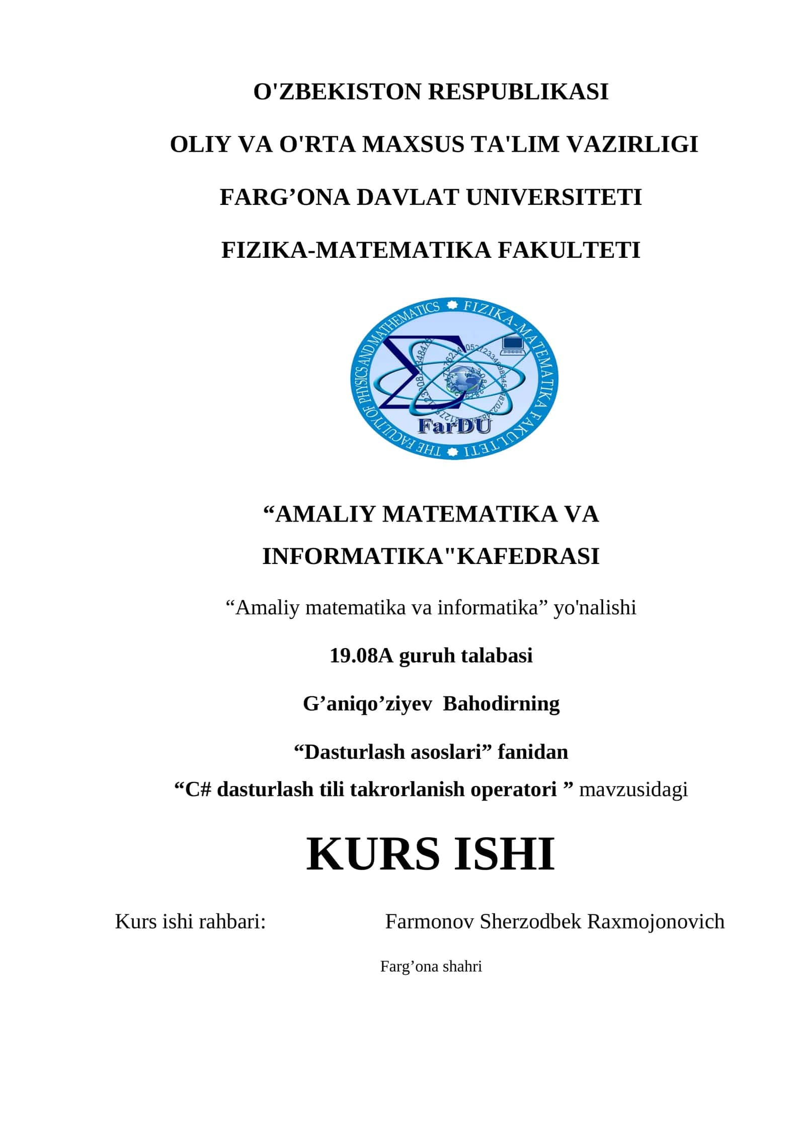 “C# dasturlash tili takrorlanish operatori ”