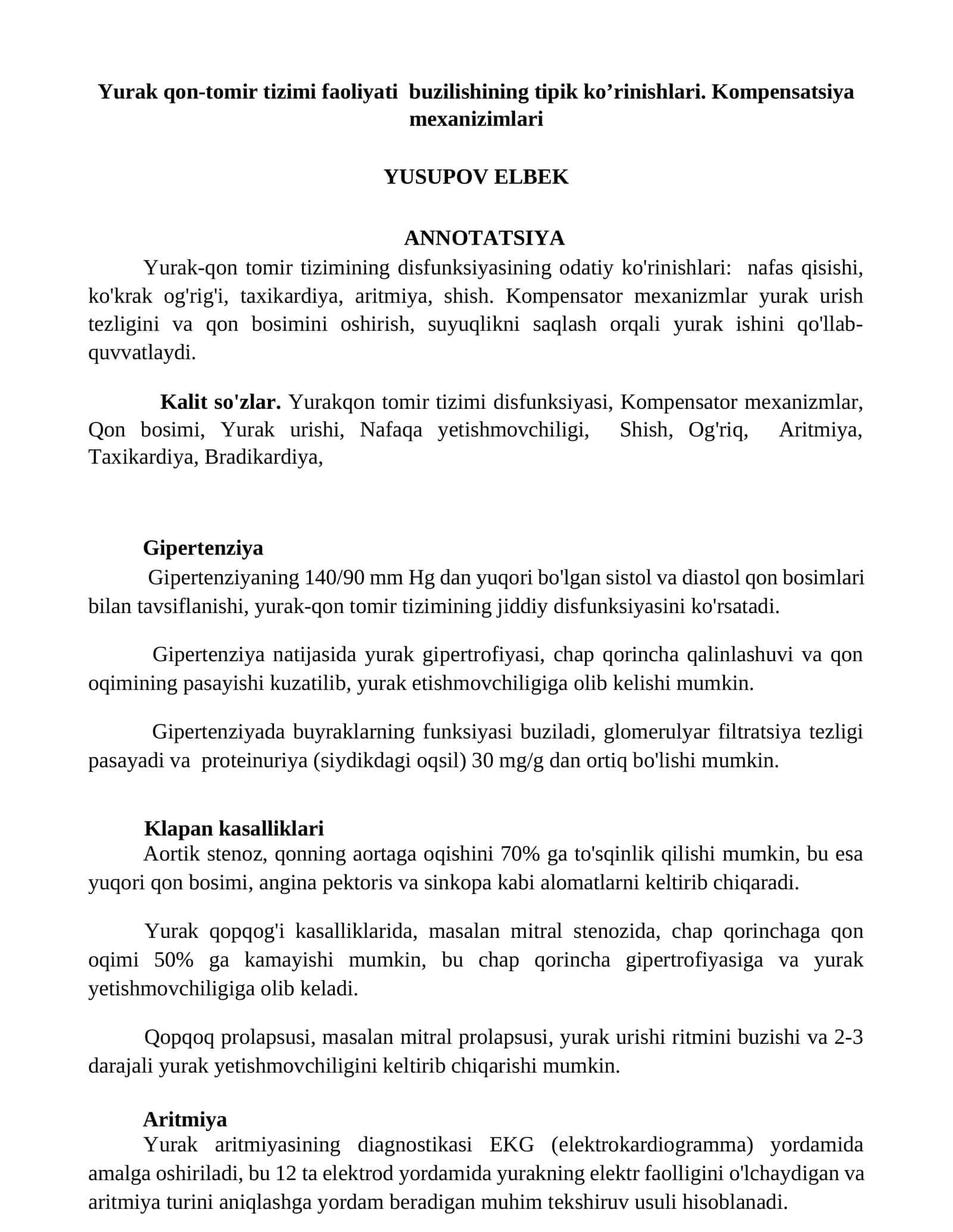 Yurak qon-tomir tizimi faoliyati buzilishining tipik ko’rinishlari. Kompensatsiya mexanizimlari