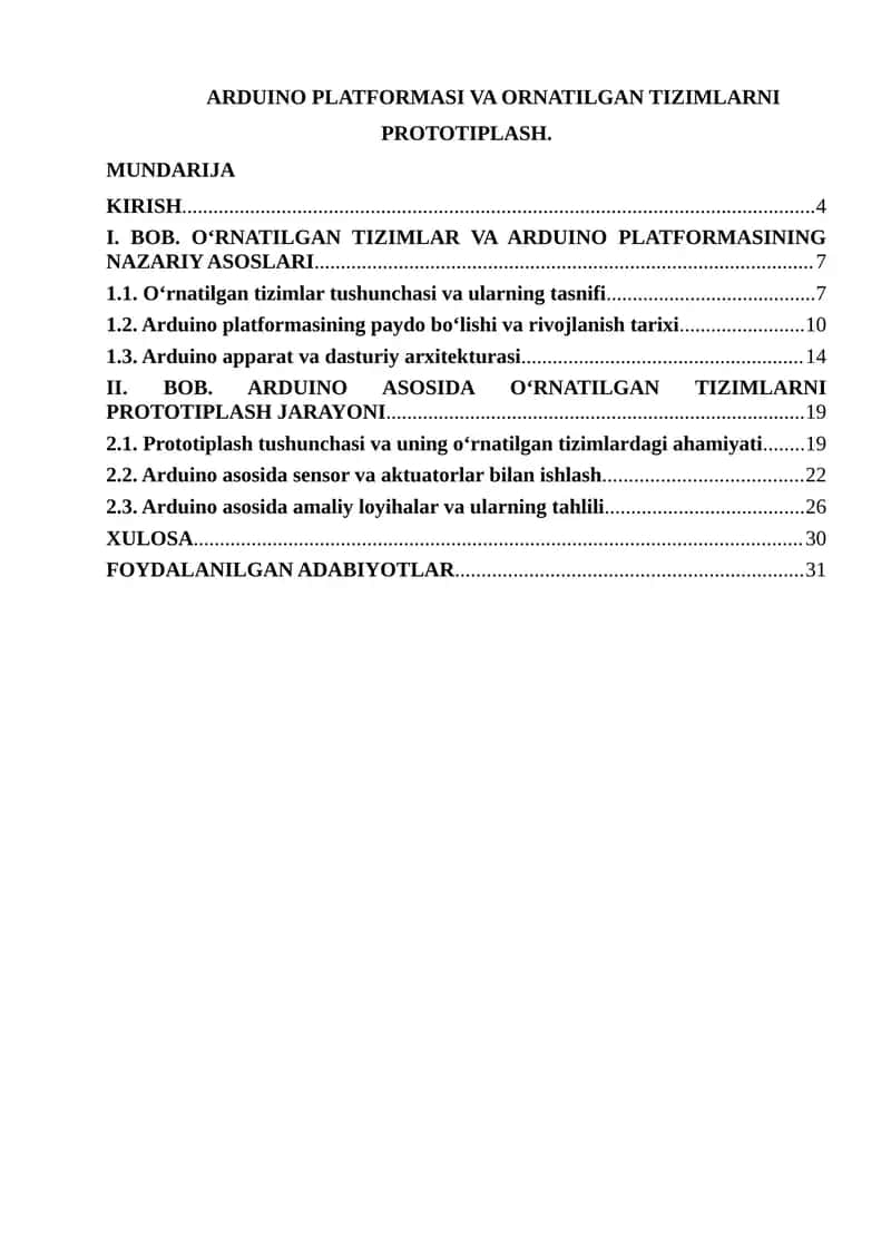 ARDUINO PLATFORMASI VA ORNATILGAN TIZIMLARNI PROTOTIPLASH