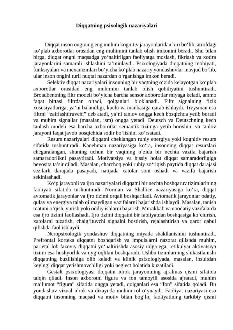 diqqatninig psixologik nazariyasi
