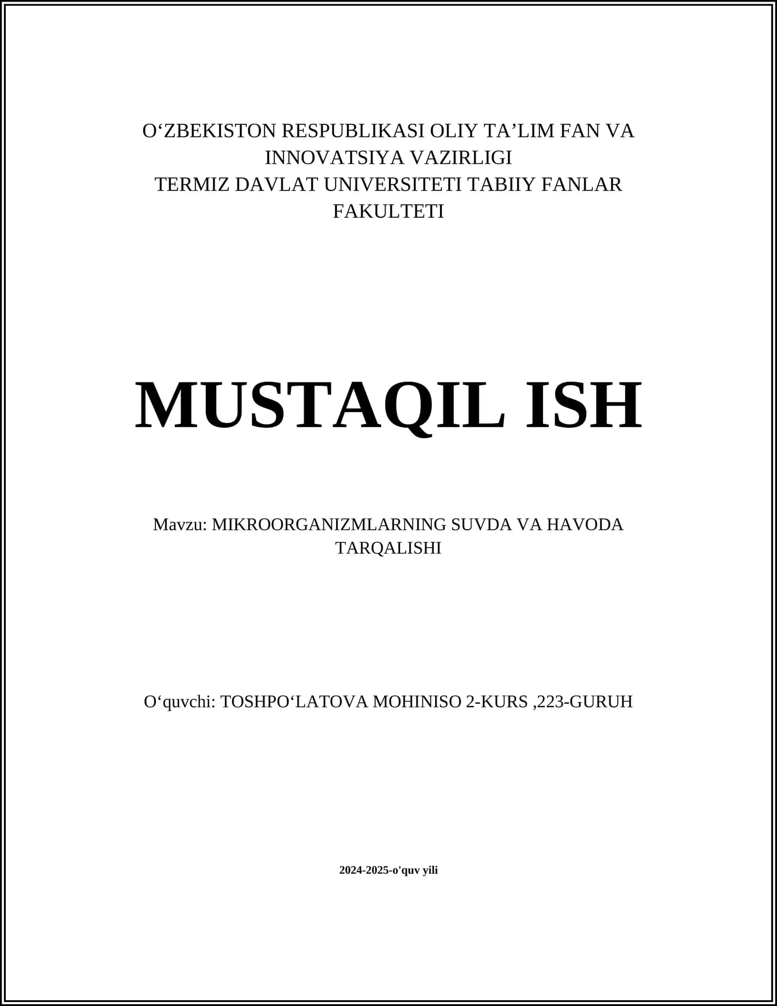 MIKROORGANIZMLARNING SUVDA VA HAVODA TARQALISHI