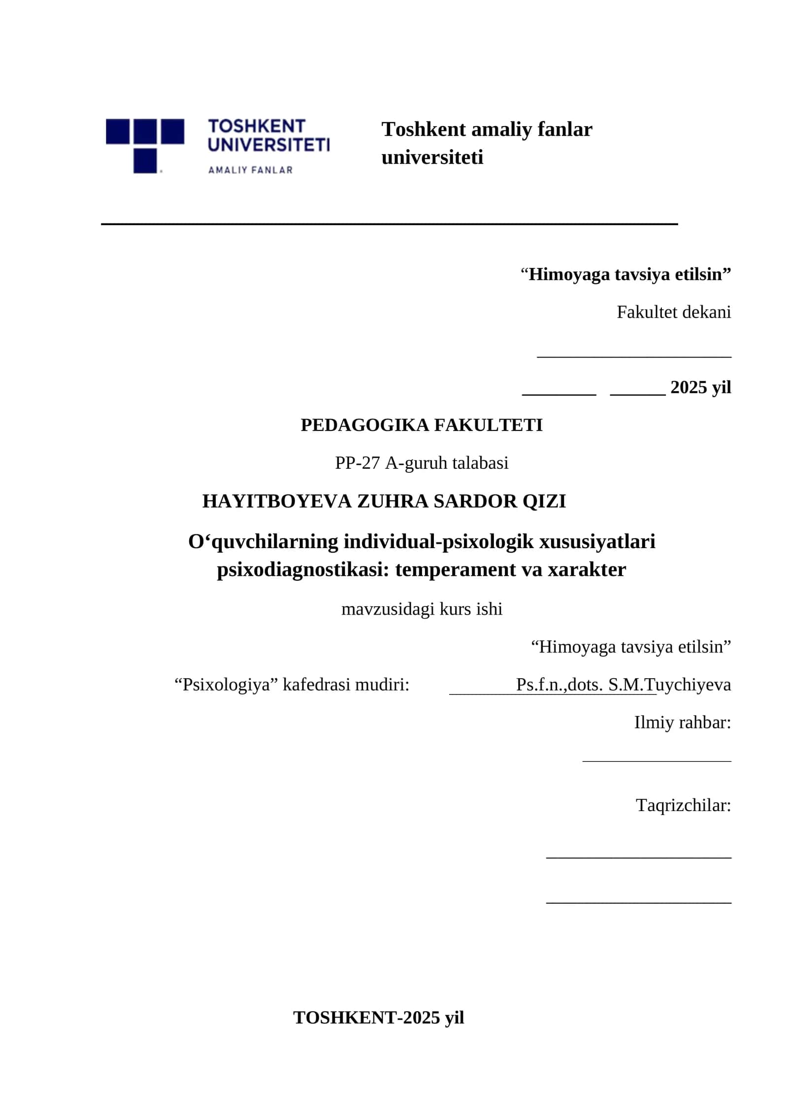 O‘quvchilarning individual-psixologik xususiyatlari psixodiagnostikasi: temperament va xarakter
