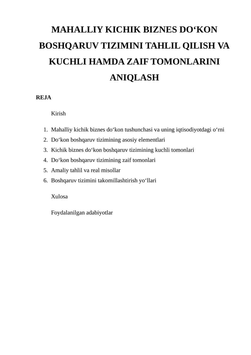 Mahalliy Kichik Biznes Do‘kon Boshqaruv Tizimini Tahlil Qilish