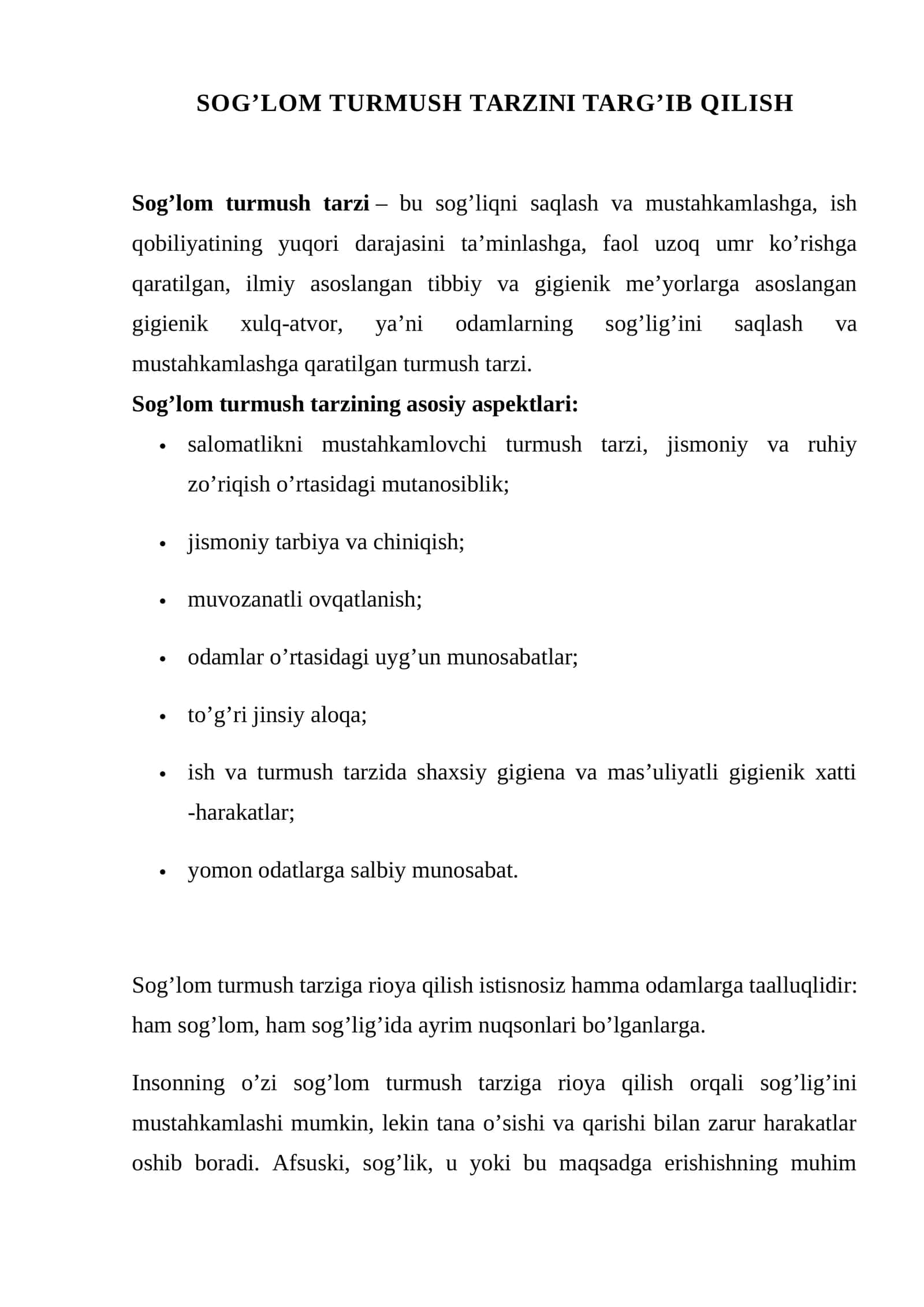 SOG’LOM TURMUSH TARZINI TARG’IB QILISH