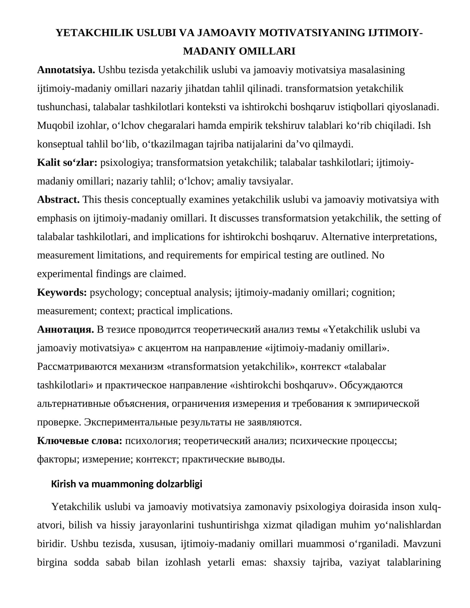 Yetakchilik Uslubi va Jamoaviy Motivatsiyaning Ijtimoiy-Madaniy Omillari