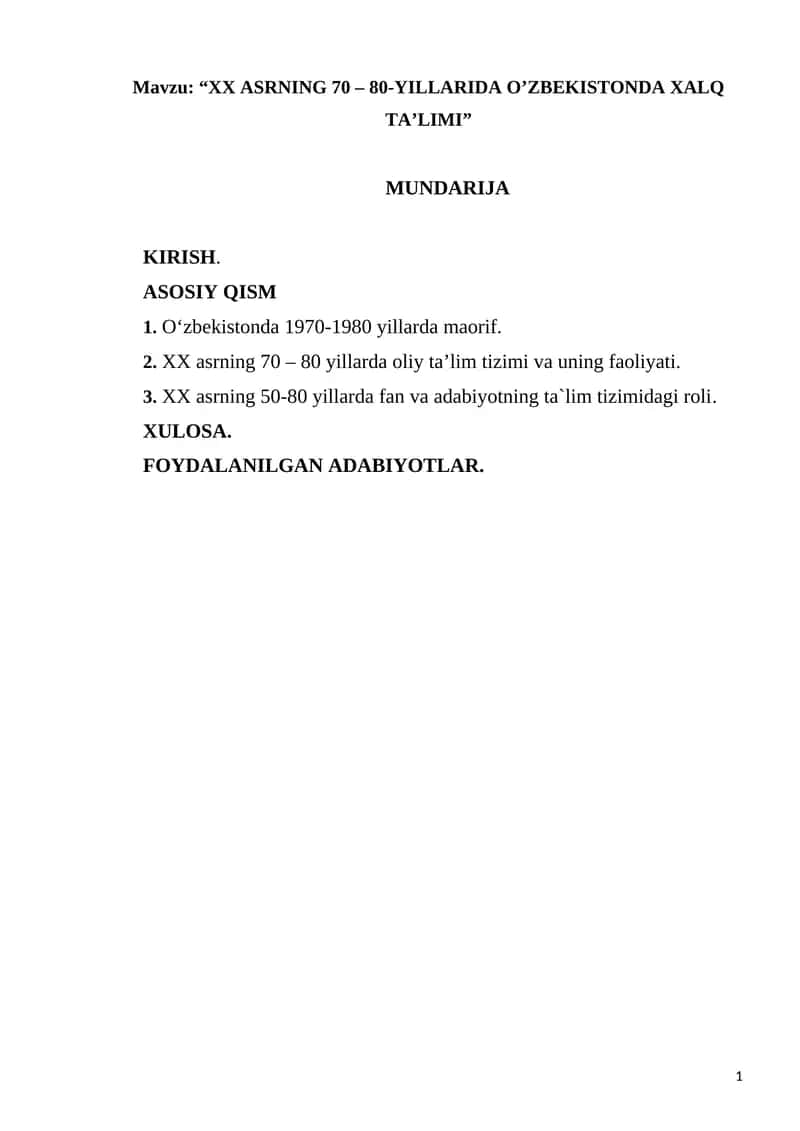 XX ASRNING 70 – 80-YILLARIDA O’ZBEKISTONDA XALQ TA’LIMI