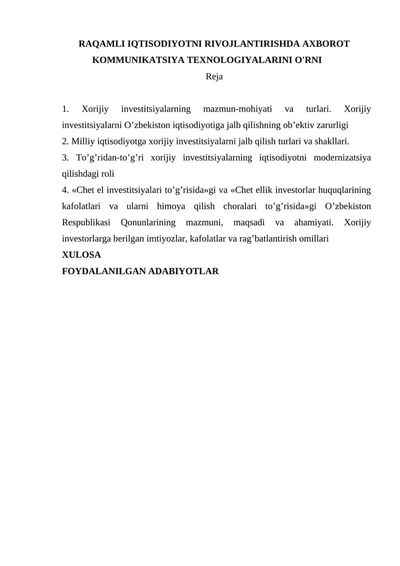 Xorijiy investitsiyalarning mazmun-mohiyati va turlari