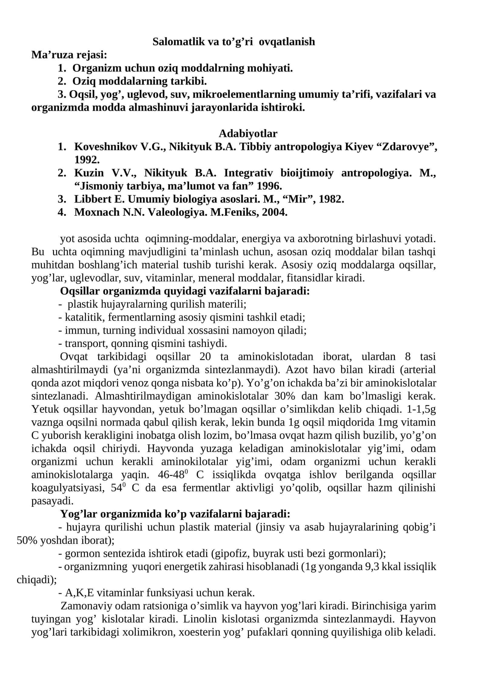 Salomatlik va to’g’ri ovqatlanish