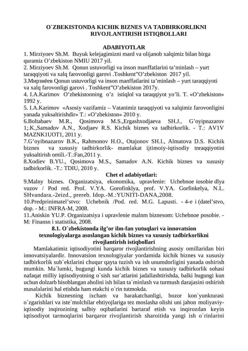 O`ZBEKISTONDA KICHIK BIZNES VA TADBIRKORLIKNI RIVOJLANTIRISH ISTIQBOLLARI