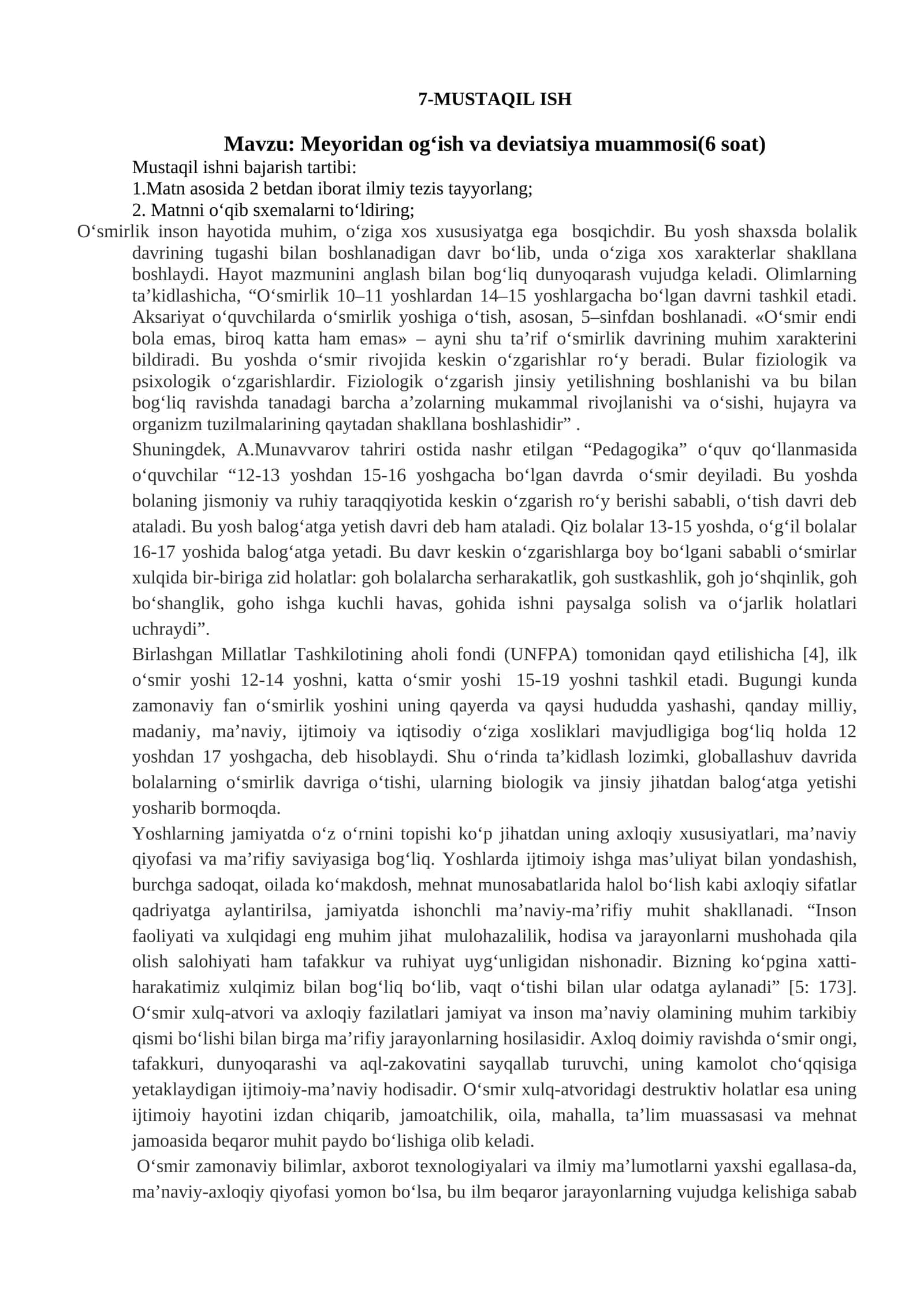 Meyoridan og‘ish va deviatsiya muammosi