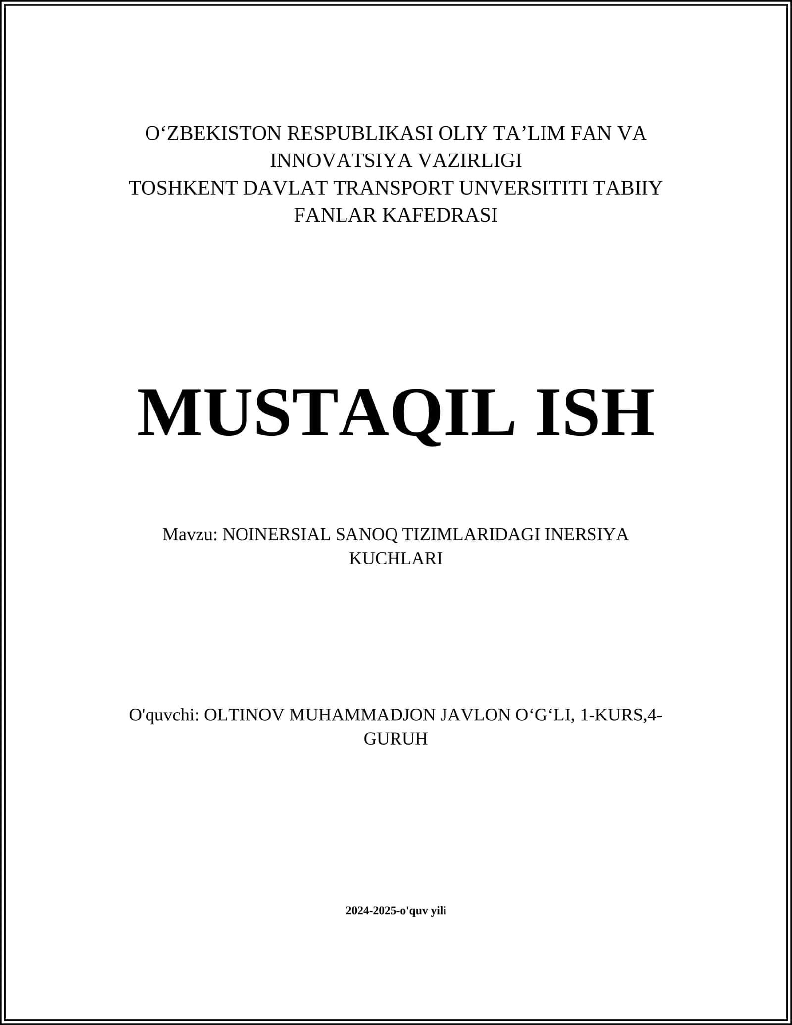 NOINERSIAL SANOQ TIZIMLARIDAGI INERSIYA KUCHLARI