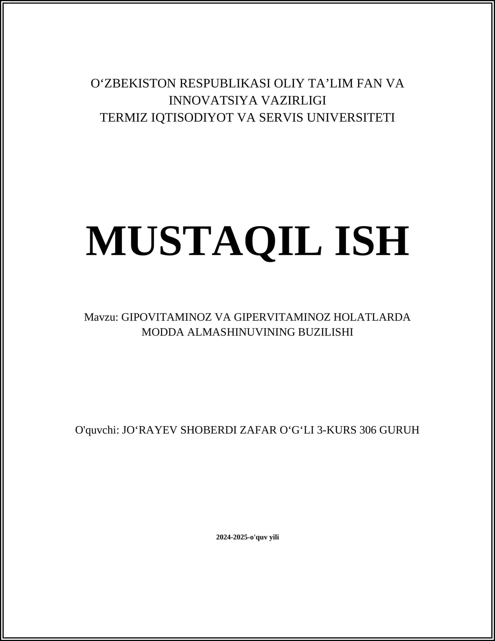 GIPOVITAMINOZ VA GIPERVITAMINOZ HOLATLARDA MODDA ALMASHINUVINING BUZILISHI