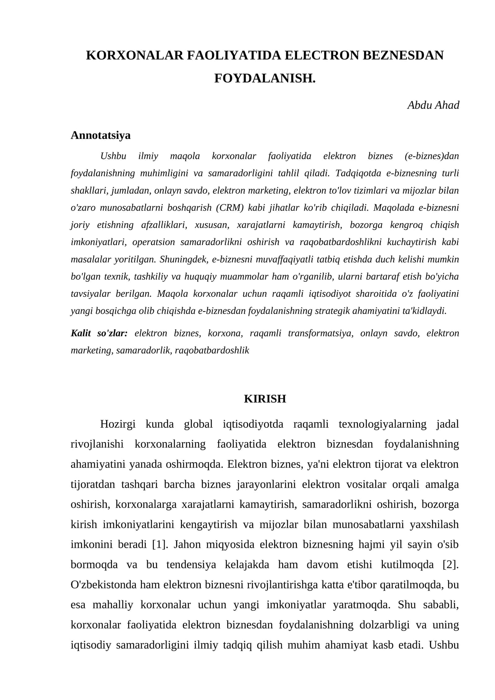 KORXONALAR FAOLIYATIDA ELECTRON BEZNESDAN FOYDALANISH