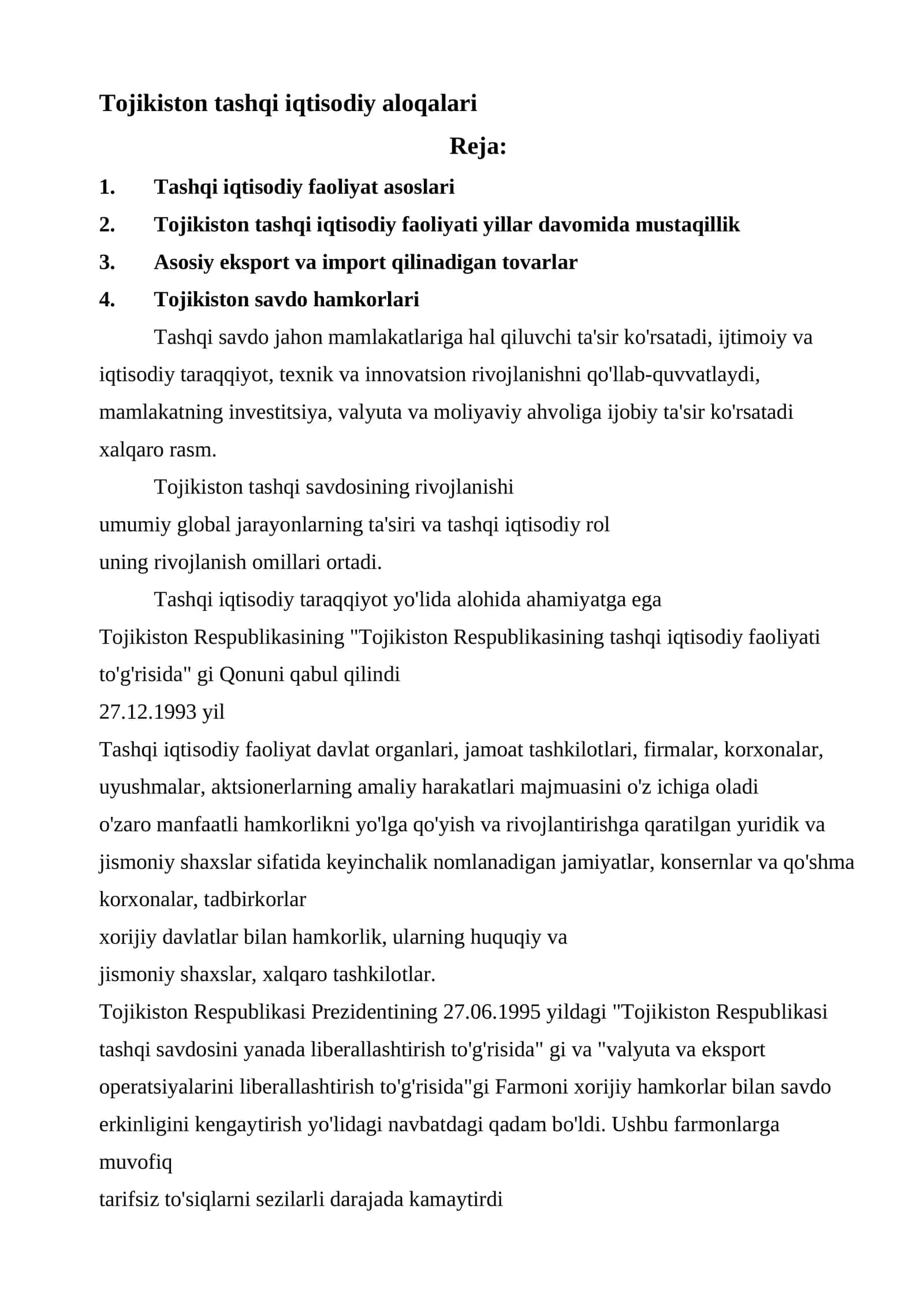 Tojikiston tashqi iqtisodiy aloqalari