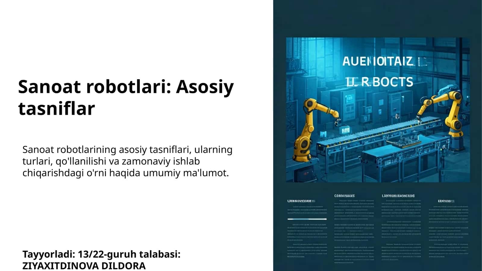 Sanoat robotlari: Asosiy tasniflar