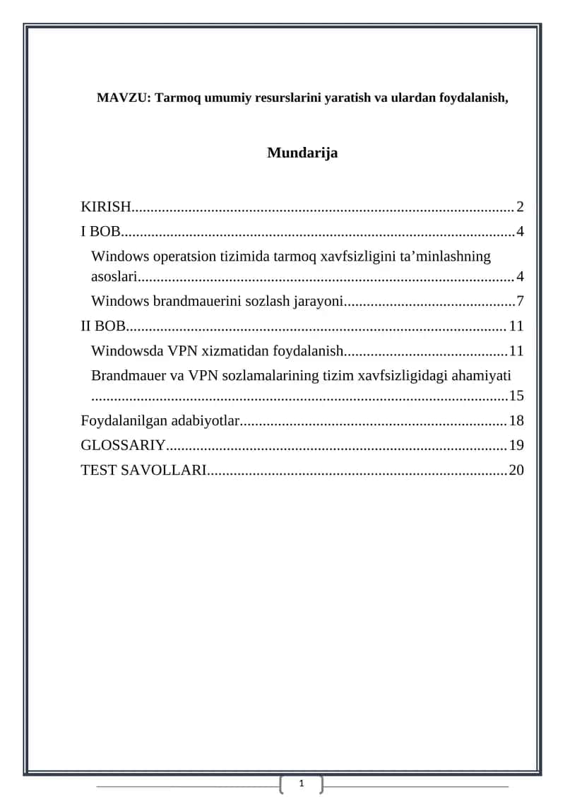 Windows operatsion tizimida tarmoq xavfsizligini ta’minlashning asoslari
