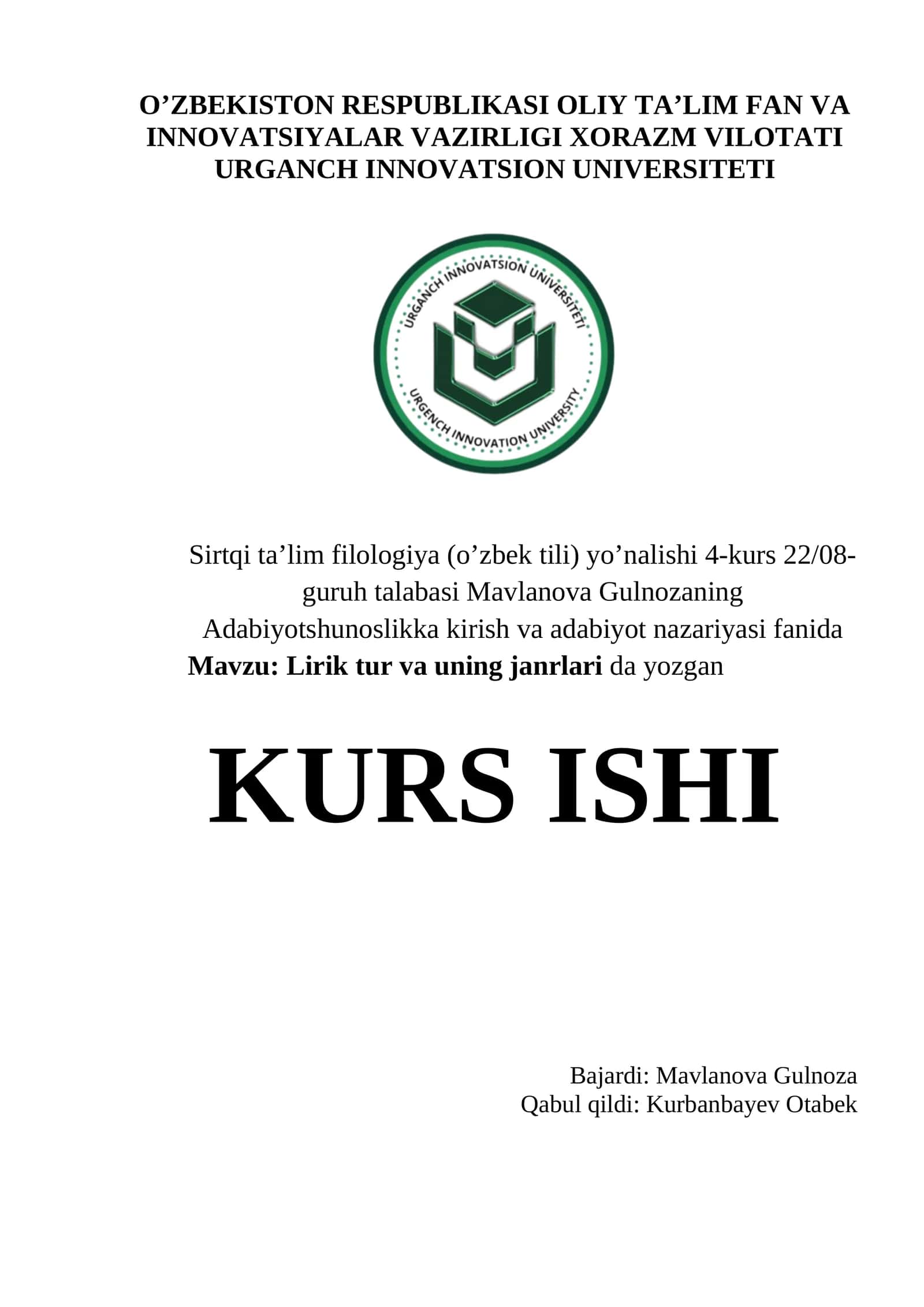 Lirik tur va uning janrlari da yozgan
