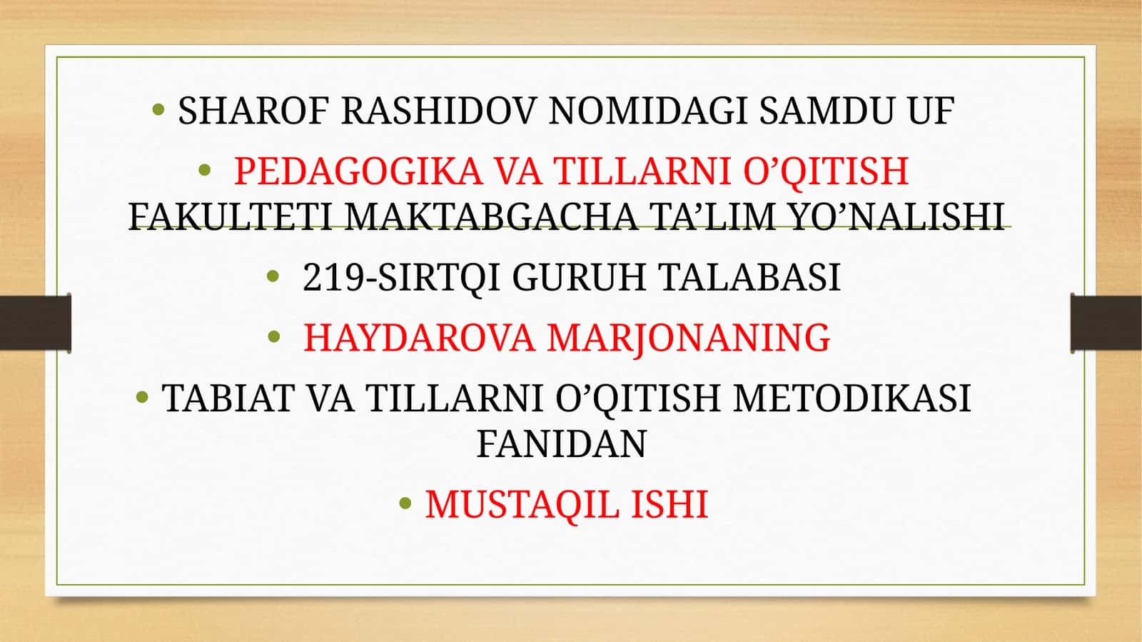 Tabiat va tillarni o’qitish metodikasi fanidan mustaqil ishi