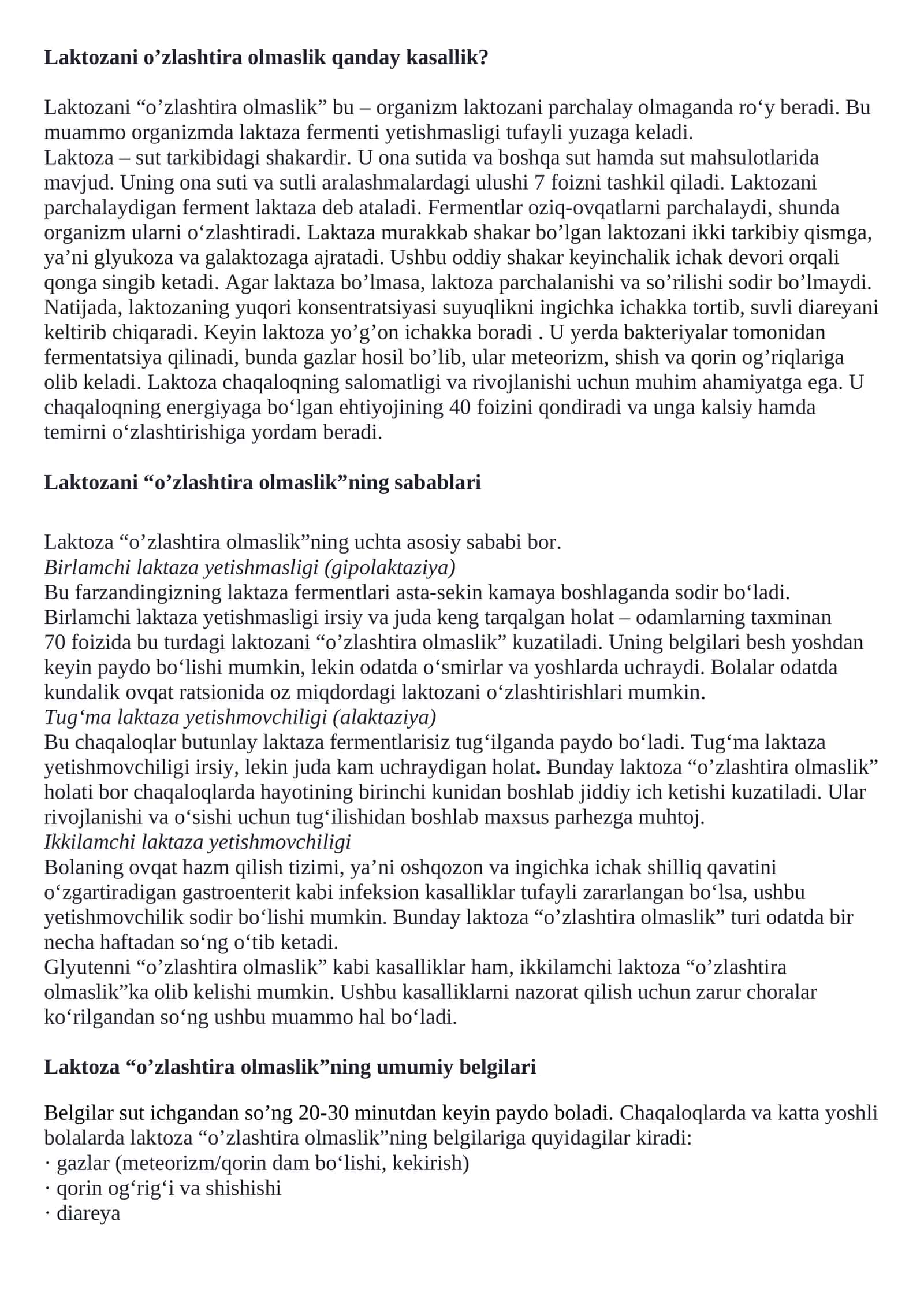 Laktozani o’zlashtira olmaslik qanday kasallik?