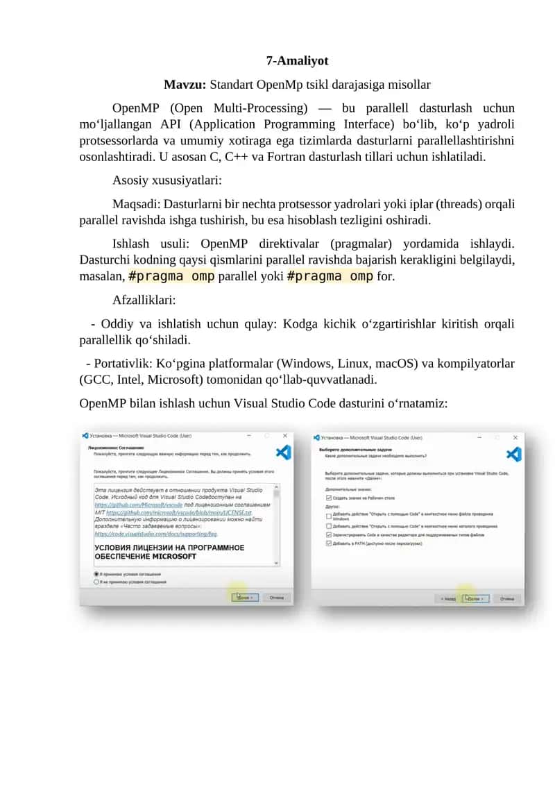 Standart OpenMp tsikl darajasiga misollar